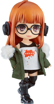 Futaba Sakura Nendoroid Doll from Persona 5 Royal featuring real cloth outfit, glasses, and orange hair.