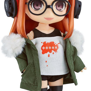 Futaba Sakura Nendoroid Doll from Persona 5 Royal featuring real cloth outfit, glasses, and orange hair.