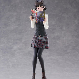 Front view of the 1/7 scale Makoto Niijima figure holding the Monthly Shonen Chance manga magazine on a themed round base.