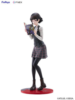 Full-body studio shot of the Persona 5 Royal Makoto Niijima 1/7 scale figure holding a magazine on a red display base against a white background.