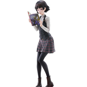 Full-body studio shot of the Persona 5 Royal Makoto Niijima 1/7 scale figure holding a magazine on a red display base against a white background.