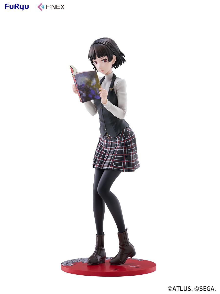 Full-body studio shot of the Persona 5 Royal Makoto Niijima 1/7 scale figure holding a magazine on a red display base against a white background.