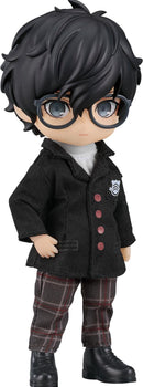 Close-up portrait of the Persona 5 Royal protagonist Nendoroid Doll wearing his Shujin Academy school uniform and glasses.