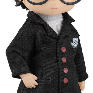 Close-up portrait of the Persona 5 Royal protagonist Nendoroid Doll wearing his Shujin Academy school uniform and glasses.