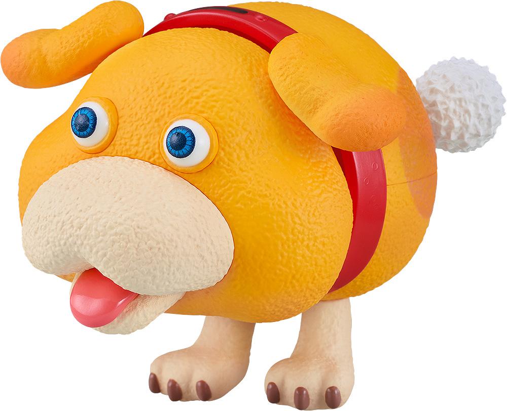 Close-up front view of the Oatchi Nendoroid rescue pup figure from Pikmin 4, featuring a textured yellow coat and blue eyes.