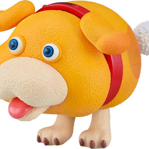 Close-up front view of the Oatchi Nendoroid rescue pup figure from Pikmin 4, featuring a textured yellow coat and blue eyes.