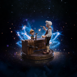 A full shot of the Pinocchio and Geppetto statue on a dark background with magical blue and purple lighting, representing the Blue Fairy's magic.