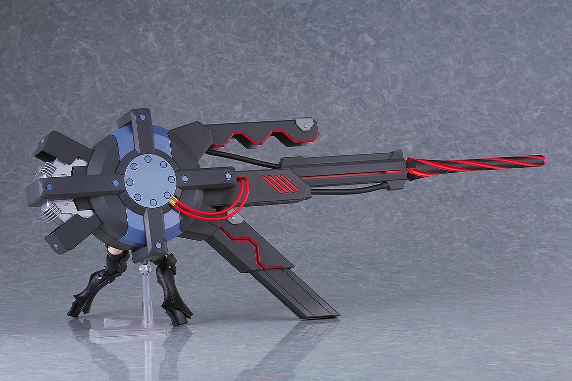 Rear perspective view of the giant Black Barrel weapon attached to Mash Kyrielight's shield unit.