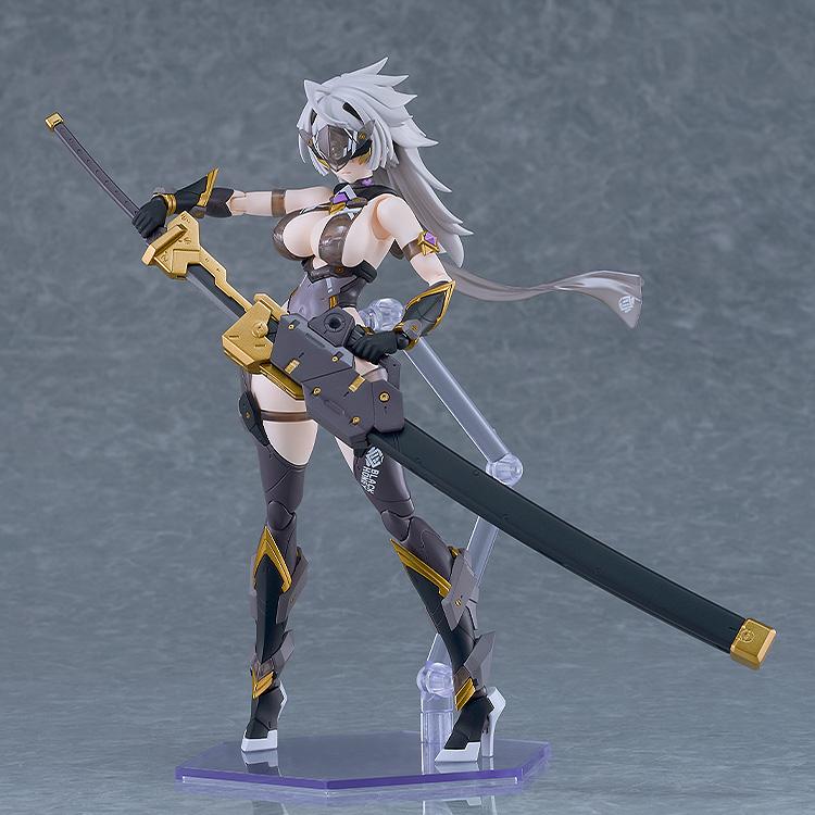 Black Honey model kit with visor attached holding her large sword sheath diagonally in front