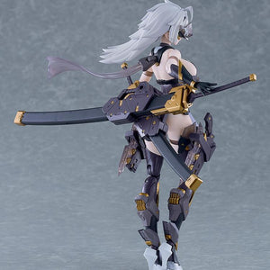 Rear three-quarter view of Black Honey model kit highlighting back armor, mounted sword sheaths, and hip holsters