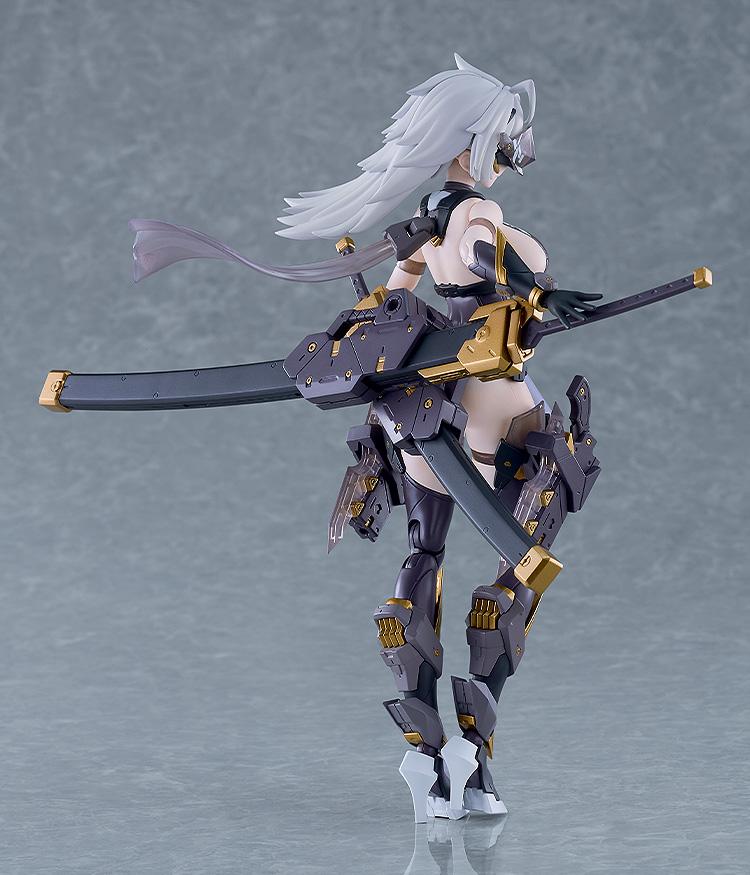 Rear three-quarter view of Black Honey model kit highlighting back armor, mounted sword sheaths, and hip holsters
