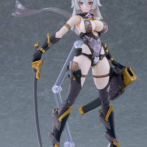 Black Honey PLAMATEA plastic model kit posed standing on a clear purple hexagonal display stand
