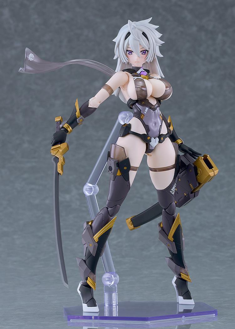Black Honey PLAMATEA plastic model kit posed standing on a clear purple hexagonal display stand