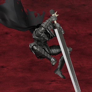 Mid-air leaping combat pose of Guts Berserker Armor Ver. model kit wielding his massive sword downward against a red background.