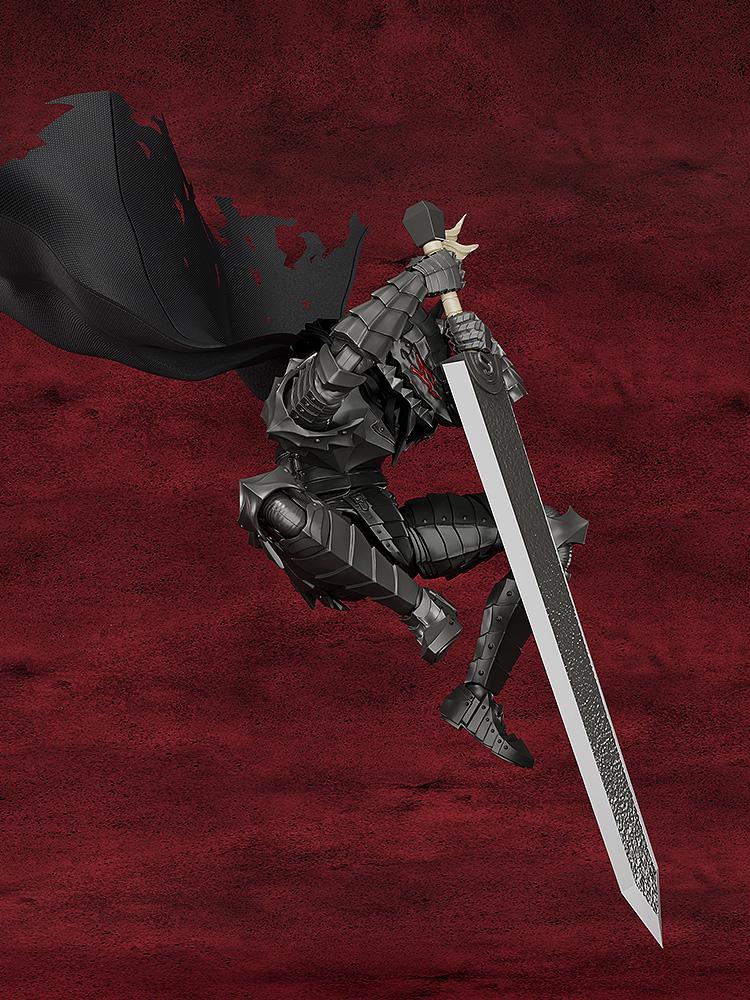 Mid-air leaping combat pose of Guts Berserker Armor Ver. model kit wielding his massive sword downward against a red background.