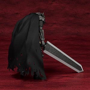 Rear view of Guts Berserker Armor plastic model kit highlighting the tattered black wired cloth cape and back armor plates.