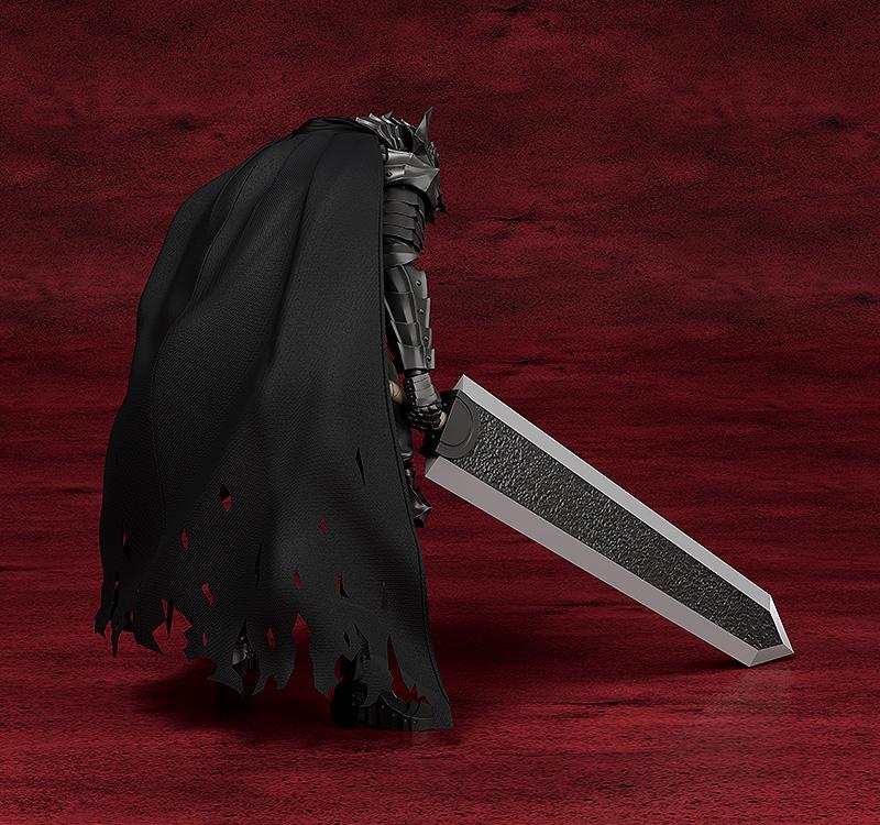 Rear view of Guts Berserker Armor plastic model kit highlighting the tattered black wired cloth cape and back armor plates.