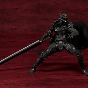 Wide stance side-facing combat pose of Guts clad in Berserker Armor holding the Dragon Slayer sword low behind him.