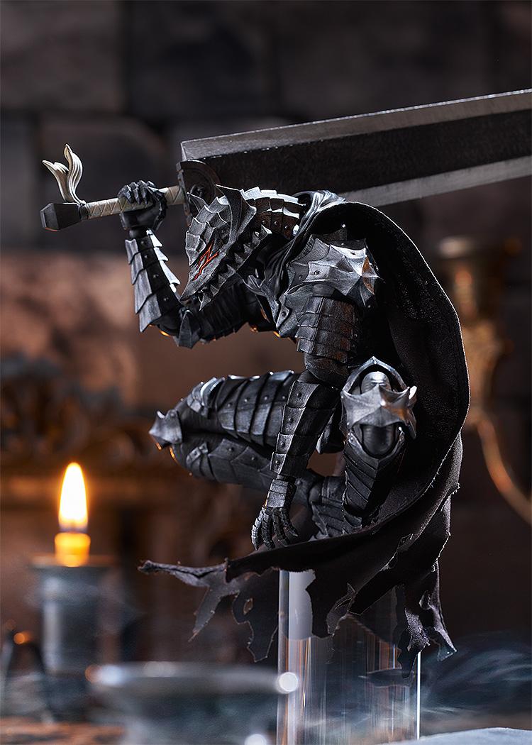 Close-up side perspective diorama shot of Guts in Berserker Armor crouching in a beast-like pose with glowing red eye effects under dramatic lighting.
