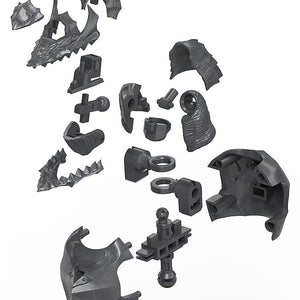 Exploded view diagram showing the individual snap-fit plastic model kit pieces for Guts' Berserker Armor helmet and neck assembly.