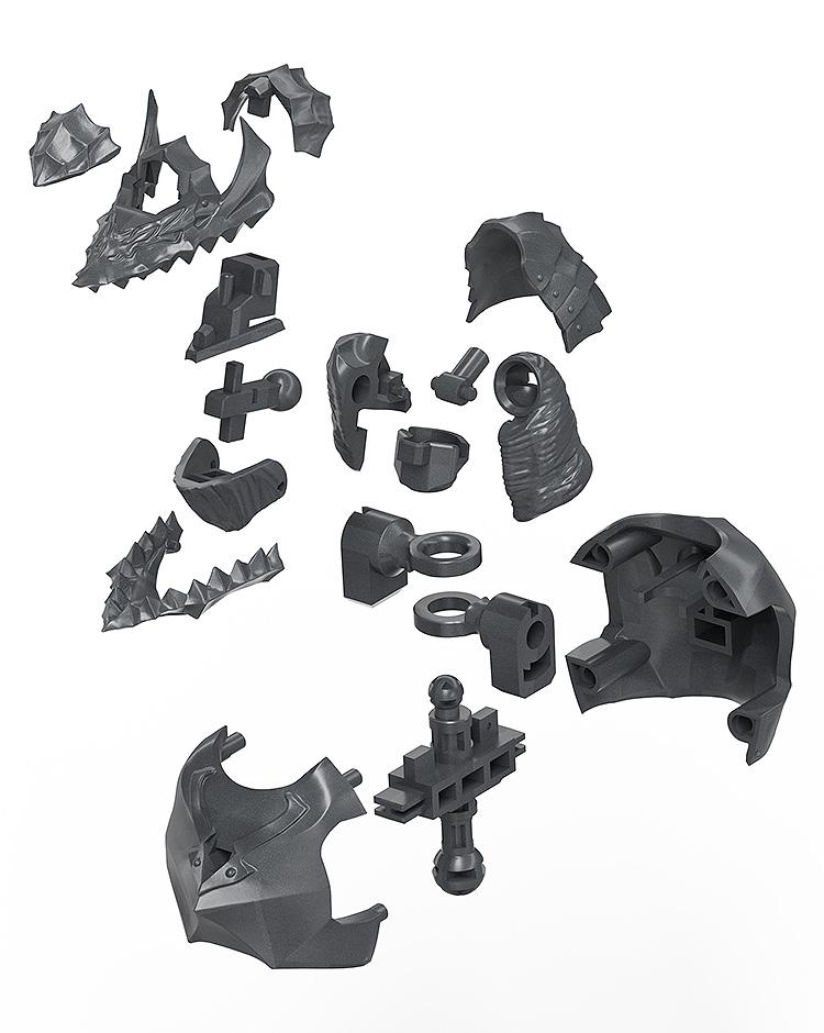 Exploded view diagram showing the individual snap-fit plastic model kit pieces for Guts' Berserker Armor helmet and neck assembly.