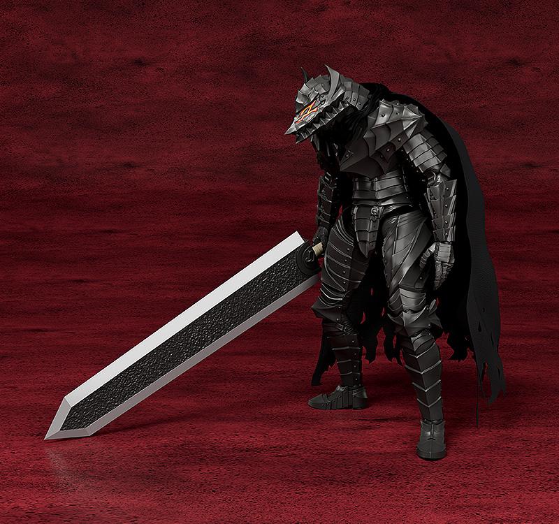 Full body studio product shot of PLAMATEA Guts Berserker Armor Ver. model kit standing with the Dragon Slayer sword against a dark red textured background.