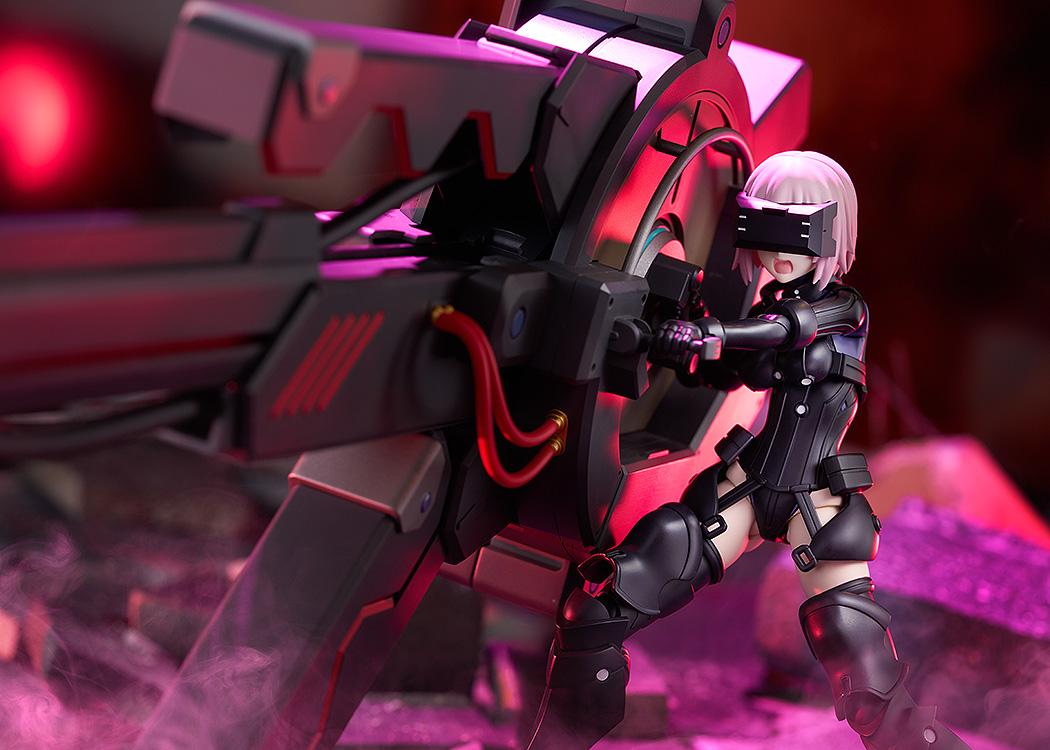 Dramatic close-up photo of Mash Kyrielight with visor down aiming the Black Barrel artillery system.