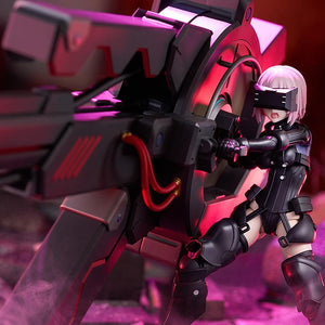 Dramatic close-up photo of Mash Kyrielight with visor down aiming the Black Barrel artillery system.