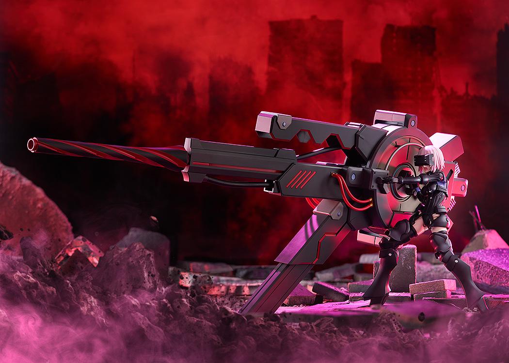 Dramatic promotional diorama shot of Mash Kyrielight operating the fully assembled Black Barrel amidst red smoke and rubble.
