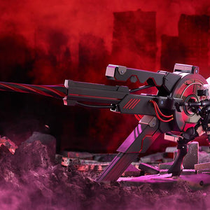Dramatic promotional diorama shot of Mash Kyrielight operating the fully assembled Black Barrel amidst red smoke and rubble.