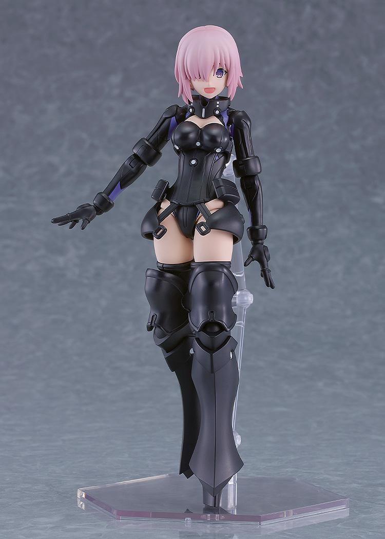 PLAMATEA Mash Kyrielight figure floating on a transparent stand using her cheerful face plate without armor weapons.
