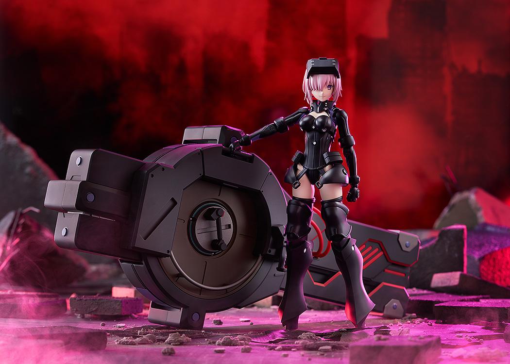 Dramatic scene of Mash Kyrielight standing beside the folded Black Barrel unit on a ruined red battlefield floor.