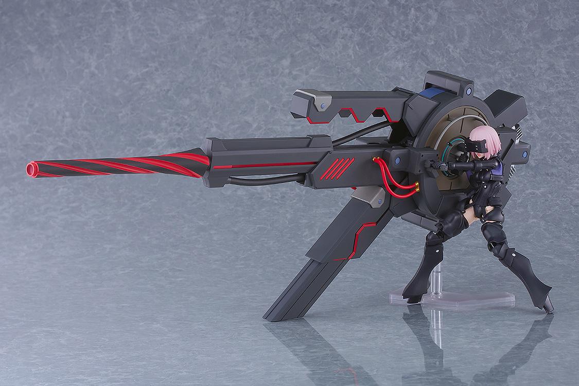 Full view of the PLAMATEA Mash Kyrielight Ortinax figure in a firing pose with the massive Black Barrel cannon on a gray studio background.