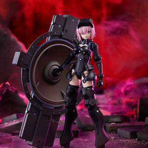 Promotional photo of the PLAMATEA Mash Kyrielight Ortinax model kit figure standing beside her shield in a red ruined city environment.