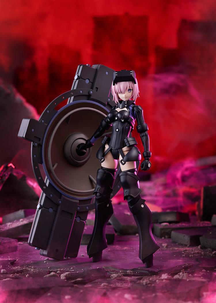 Promotional photo of the PLAMATEA Mash Kyrielight Ortinax model kit figure standing beside her shield in a red ruined city environment.