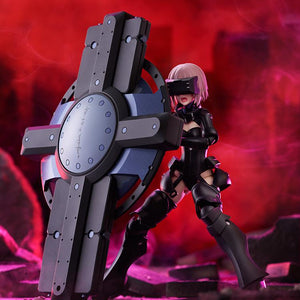 Dramatic action photo of Mash Kyrielight blocking with her shield set against a glowing red smoke background.