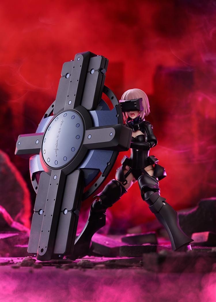 Dramatic action photo of Mash Kyrielight blocking with her shield set against a glowing red smoke background.