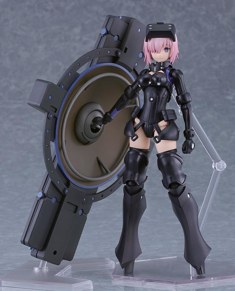 Front view of the assembled PLAMATEA Mash Kyrielight Ortinax model kit figure standing on a clear base next to her shield.
