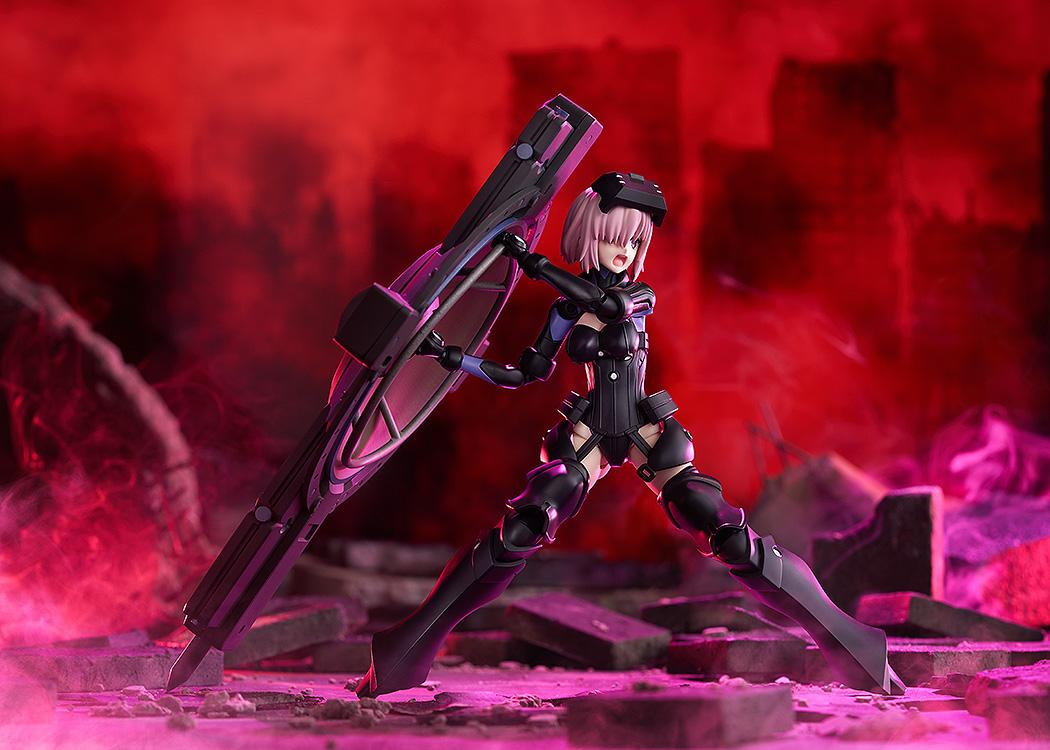Wide battle scene photo of the PLAMATEA Mash Kyrielight model kit figure shouting behind her shield in a red battlefield diorama.
