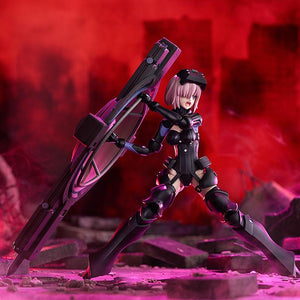 Wide battle scene photo of the PLAMATEA Mash Kyrielight model kit figure shouting behind her shield in a red battlefield diorama.