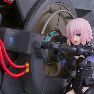Close-up of Mash Kyrielight's shouting face expression as she handles the control grips of the Black Barrel weapon system.