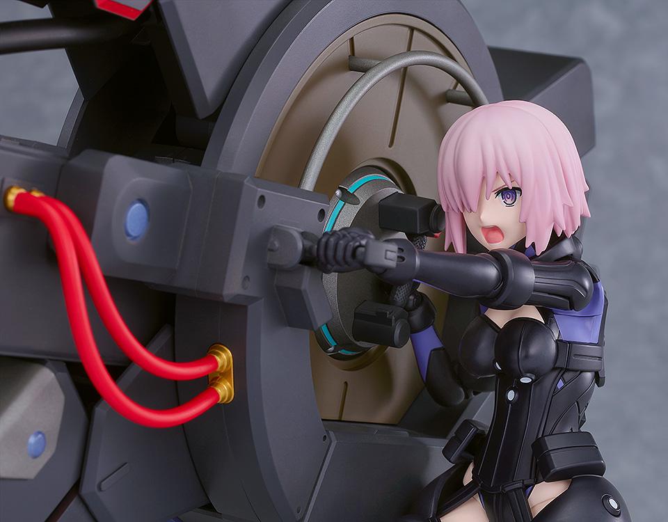 Close-up of Mash Kyrielight's shouting face expression as she handles the control grips of the Black Barrel weapon system.