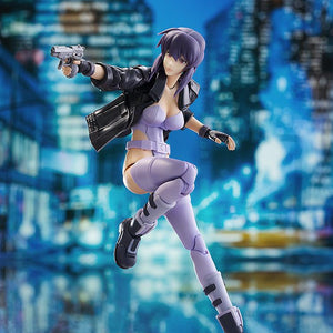 High-mobility action pose showing the Motoko Kusanagi figure running and aiming her handgun with high joint articulation.