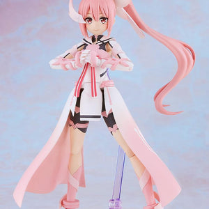 Front studio promotional shot of the highly articulated PLAMATEA Yuki Yuna model kit standing on a clear circular base with a smiling face plate.
