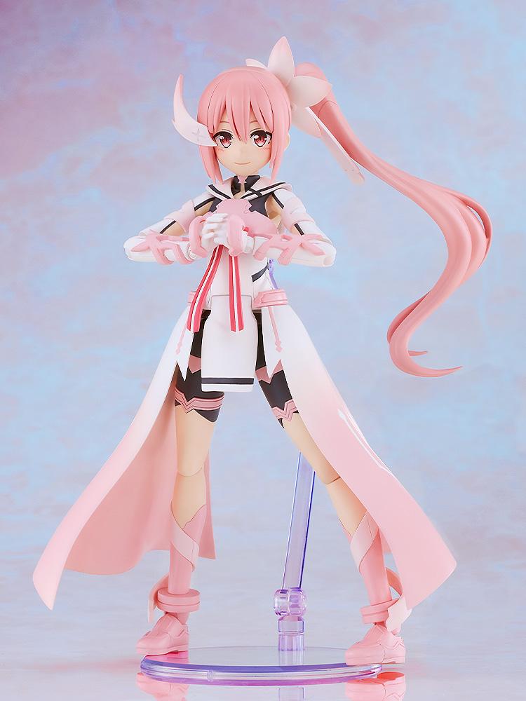 Front studio promotional shot of the highly articulated PLAMATEA Yuki Yuna model kit standing on a clear circular base with a smiling face plate.