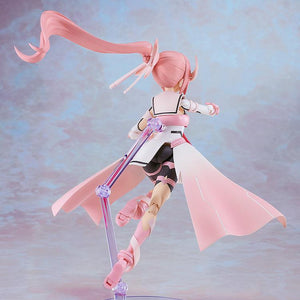 Rear three-quarter view of the PLAMATEA Yuki Yuna model kit showcasing the long sculpted pink ponytail, uniform details, and back connection point for the clear action stand.