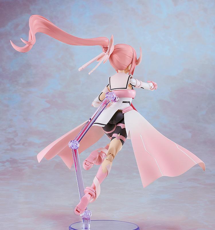 Rear three-quarter view of the PLAMATEA Yuki Yuna model kit showcasing the long sculpted pink ponytail, uniform details, and back connection point for the clear action stand.