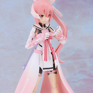 Close-up shot of the Yuki Yuna model kit looking down and holding her iconic pink smartphone accessory with a cheerful smiling expression.