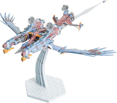 Side-front view of the PLAMAX AAA Wunder model kit from Rebuild of Evangelion on a white display stand.