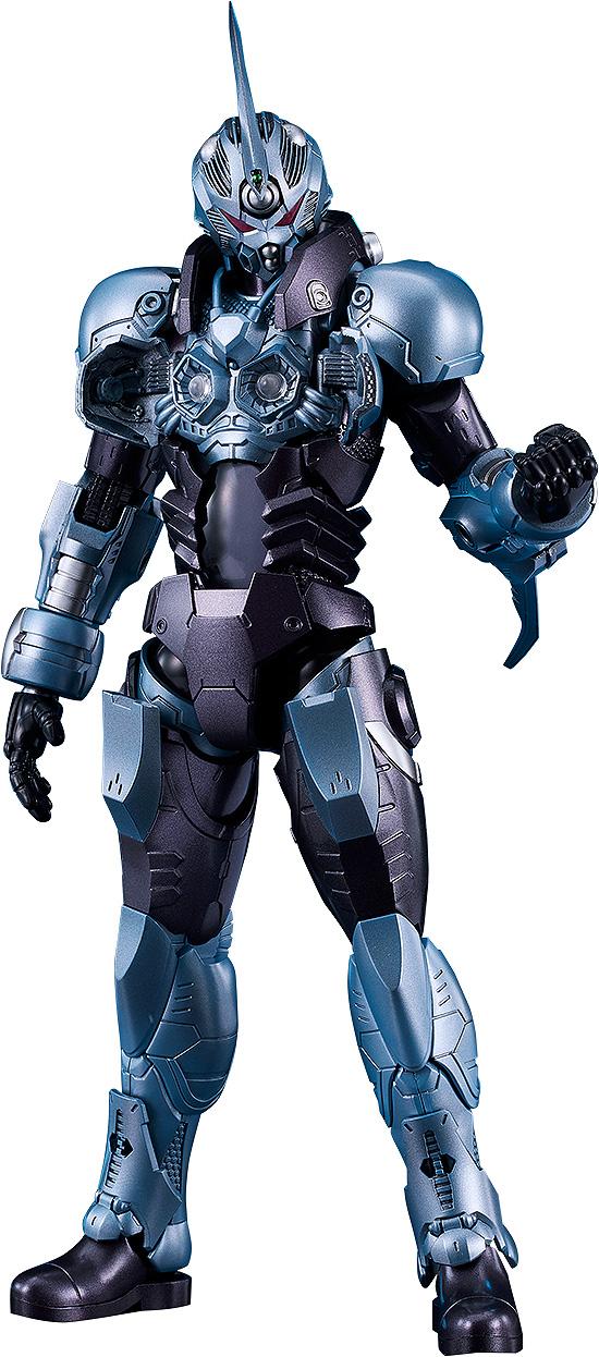 Front view of the Gale Hound Guyver 01 model kit with chest plates open to reveal the iconic Mega-Smasher weapon.